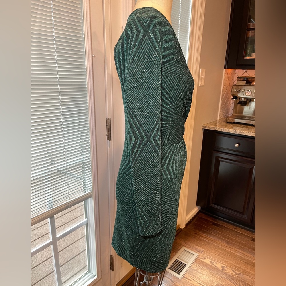 Green Ruched Wrap Dress Small Long Sleeve Bodycon Cocktail Party Dress - Picture 3 of 10